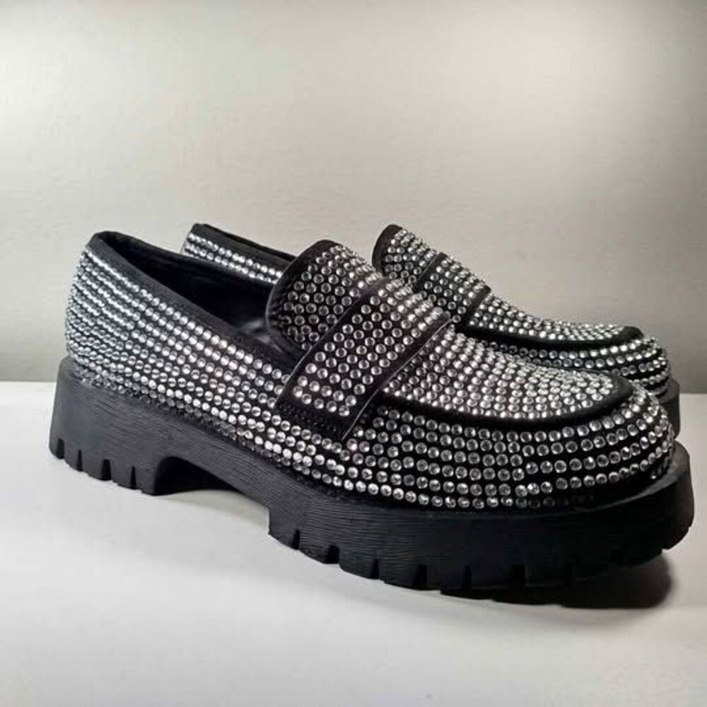 Bamboo Women’s Rhinestone Platform Loafers Size 10 Black Silver Studded Shoes